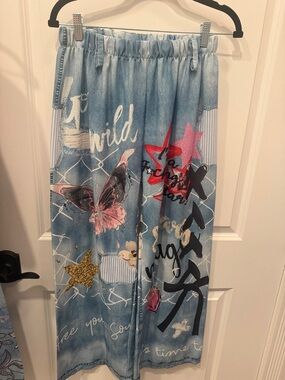 Light Wash Denim Print Maxi Skirt with Butterfly & Star Graphics